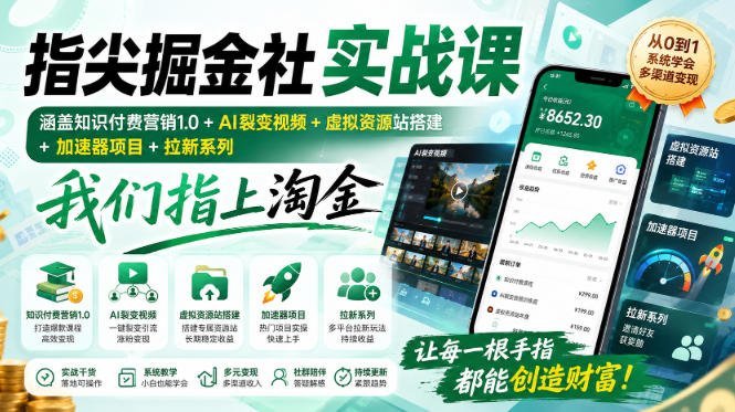 【2026.08.24】指尖掘金社:知识付费×AI裂变×虚拟资源站,一站式实战掘金系统!-小鱼项目网