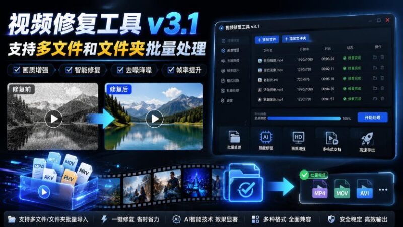 【2026.08.24】视频修复工具v3.1重磅升级:多文件与文件夹一键批量处理,效率翻倍!-小鱼项目网