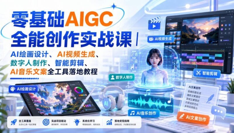 【2026.08.25】零基础玩转AIGC:AI绘画、视频、数字人、剪辑、音乐文案,全流程实战指南!-小鱼项目网