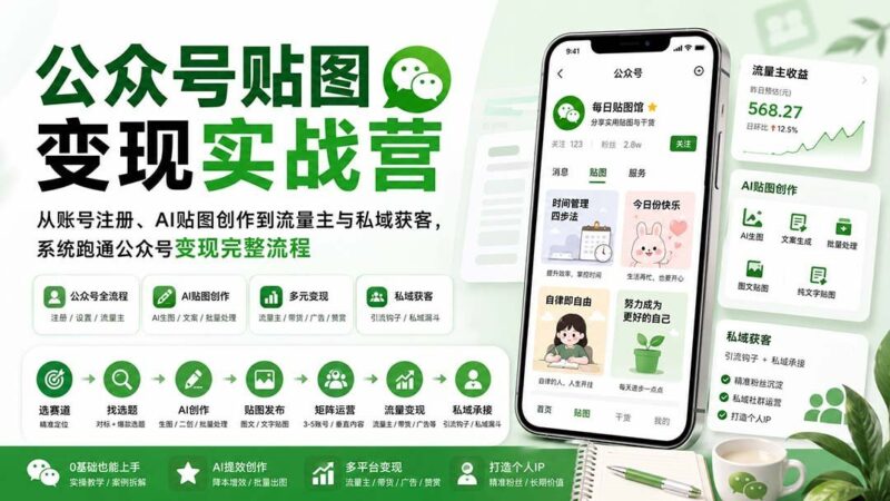 【2026.08.28】公众号贴图变现实操全攻略:从零注册到AI创作,打通流量主与私域获客的完整闭环-小鱼项目网