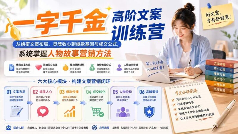 【2026.08.29】爆款文案实战训练营：从灵魂收心到成交公式，掌握人物故事营销的底层逻辑-小鱼项目网