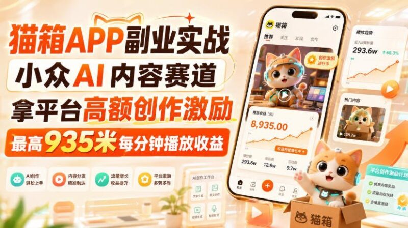 【2026.08.29】猫箱APP冷门掘金术:AI内容新蓝海,日赚935元/分钟播放收益实操揭秘-小鱼项目网