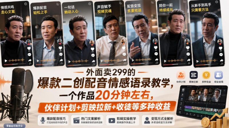 【2026.08.29】爆款二创配音情感语录教学，299元课程全拆解！一个作品20分钟，伙伴计划+剪映拉新+收徒，多路变现玩法揭秘-小鱼项目网