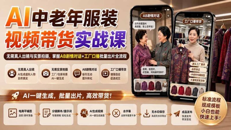 【2026.09.02】AI服装带货新玩法:中老年赛道AB剧情+工厂口播,零出镜批量产出爆款视频-小鱼项目网