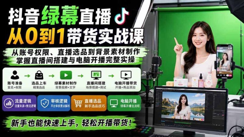 【2026.09.03】绿幕直播带货新手速成:账号权限、选品策略到背景素材,手把手教你搭建高转化直播间!-小鱼项目网
