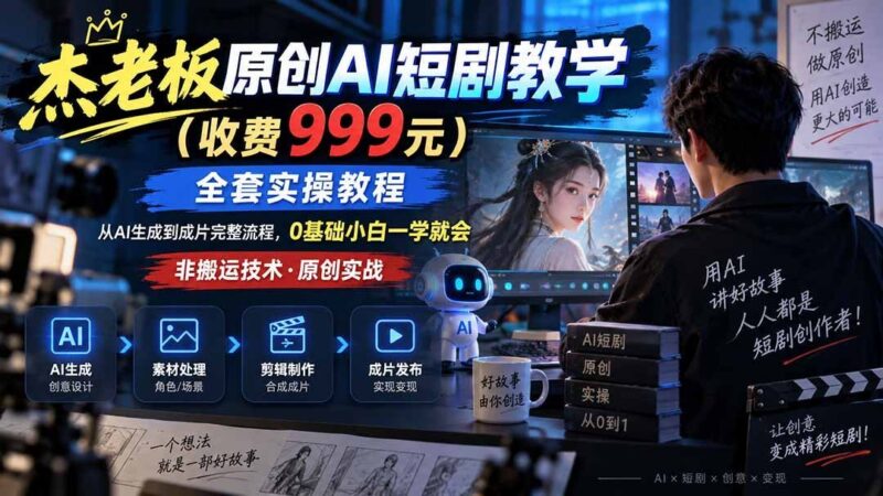 【2026.09.04】杰老板AI短剧实战课：999元全套教程，零基础也能轻松上手，独家原创干货！-小鱼项目网