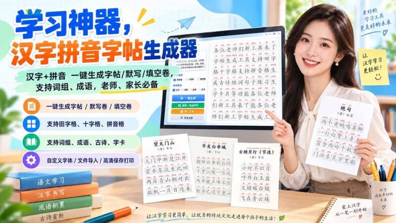 【2026.09.07】汉字拼音字帖生成器:一键生成字帖、默写卷、填空卷,支持词组与成语,老师家长必备的学习神器!-小鱼项目网