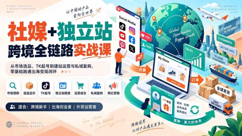 【2026.09.10】社媒与独立站双引擎：零基础掌握跨境选品、TK起号、建站运营及私域复购全链路变现-小鱼项目网