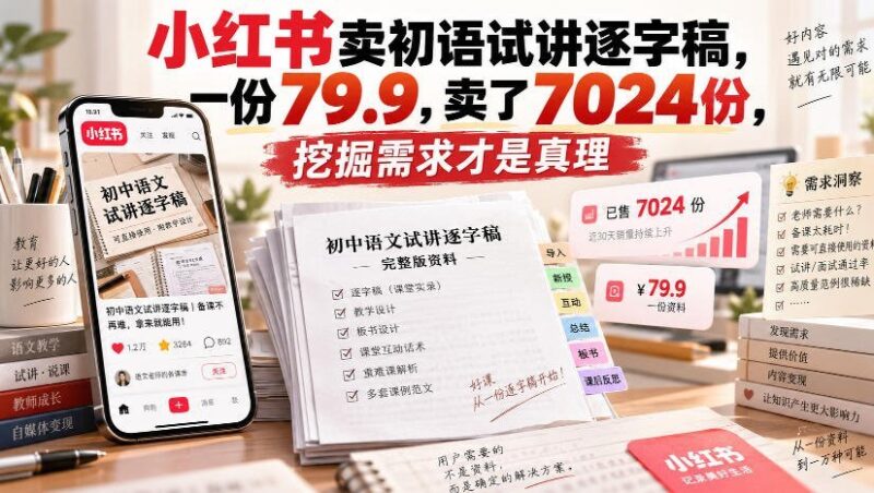 【2026.09.14】小红书爆款揭秘:初语试讲逐字稿单价79.9元狂销7024份,抓住需求才是硬道理!-小鱼项目网