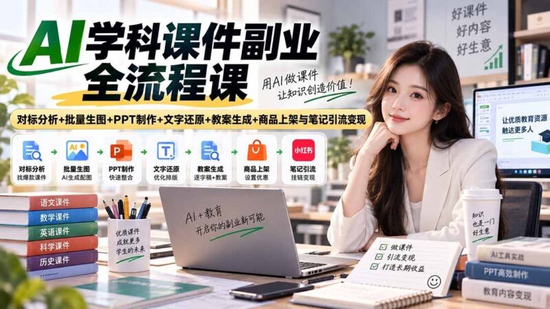 【2026.09.15】AI课件副业全攻略:从对标分析、批量生图到PPT与教案,打通商品上架及笔记引流变现全链路-小鱼项目网
