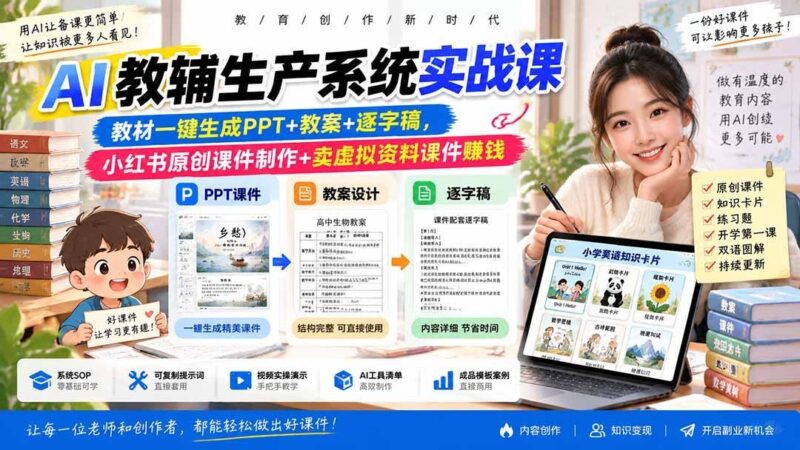 【2026.09.18】AI实战课:一键生成教材PPT、教案与逐字稿,玩转小红书原创课件与虚拟资料变现-小鱼项目网