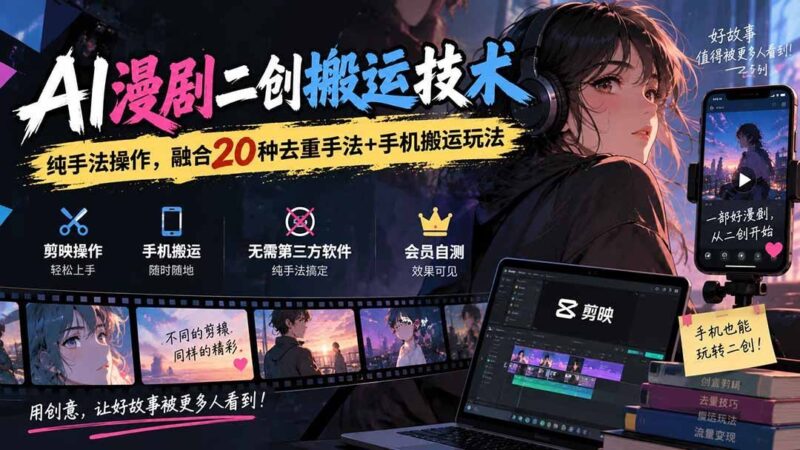 【2026.09.19】AI漫剧二创搬运全攻略：20种去重技巧+手机端实操玩法，纯手法教学-小鱼项目网