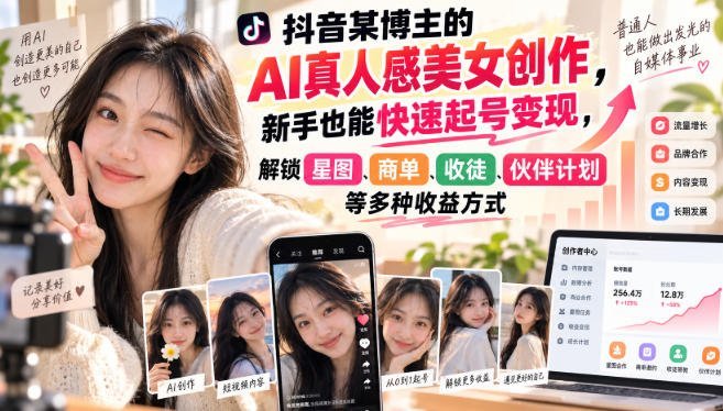 【2026.09.20】抖音博主用AI打造真人感美女,新手也能迅速起号变现,解锁星图、商单、收徒、伙伴计划等多元收益渠道-小鱼项目网