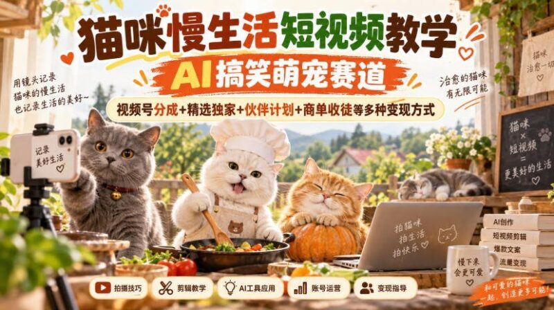 【2026.09.22】萌宠AI搞笑短视频课:解锁猫咪慢生活,视频号分成+独家精选+伙伴计划+商单收徒全攻略-小鱼项目网