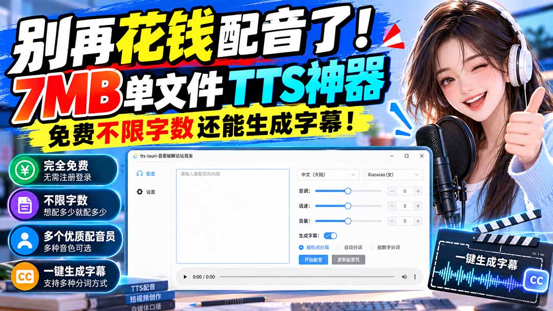 【2026.10.04】告别付费配音!7MB单机TTS神器,字数无限制还自带字幕生成!-小鱼项目网