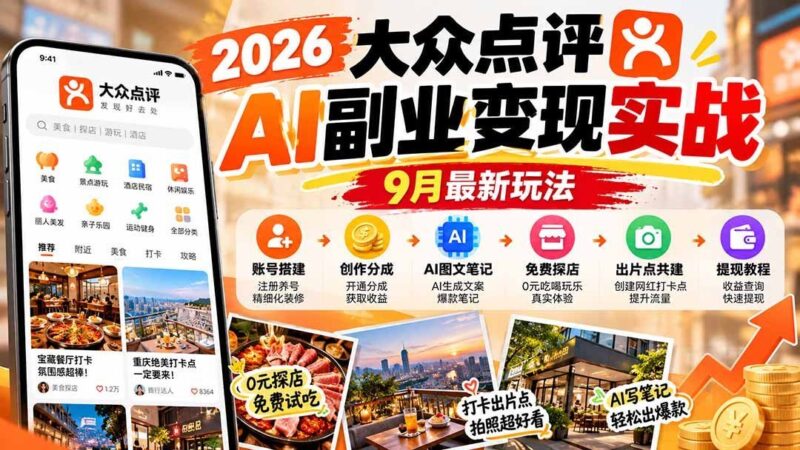 【2026.10.09】大众点评AI副业变现全攻略:账号搭建、创作分成、AI图文笔记、免费探店、出片点共建与提现全流程-小鱼项目网