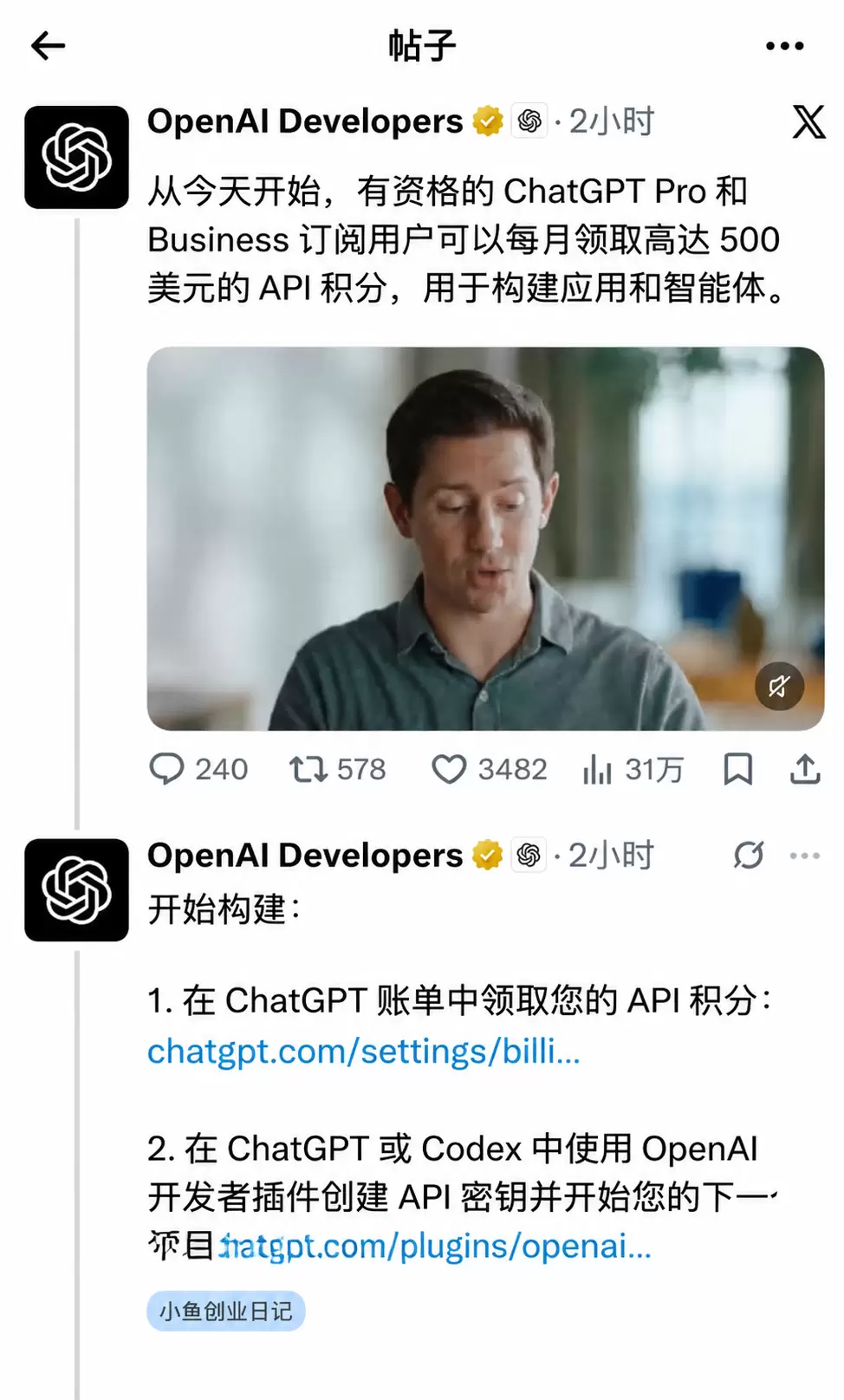 看图，说个信息差 OpenAI订阅用户可领50-500刀AP-小鱼项目网
